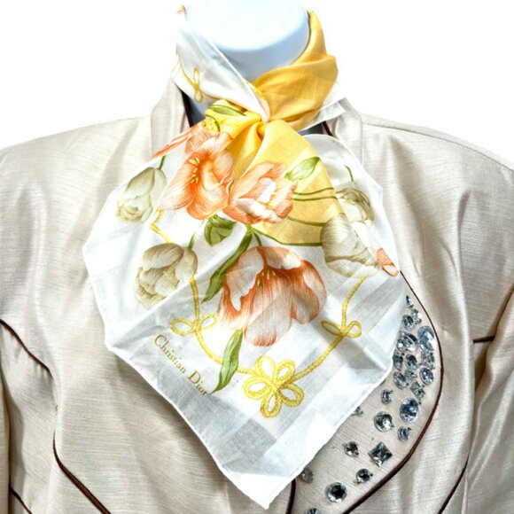 New CHRISTIAN DIOR Mni Scarf Cotton/Silk 19" Ivery Peach Pink Floral (41 - Picture 2 of 5